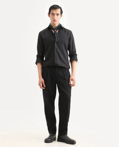 Rare Rabbit Men's Dream Black Tencel Fabric Full Sleeve Spread Collar Morris Regular Fit Plain Shirt | Rare Rabbit at Broadway