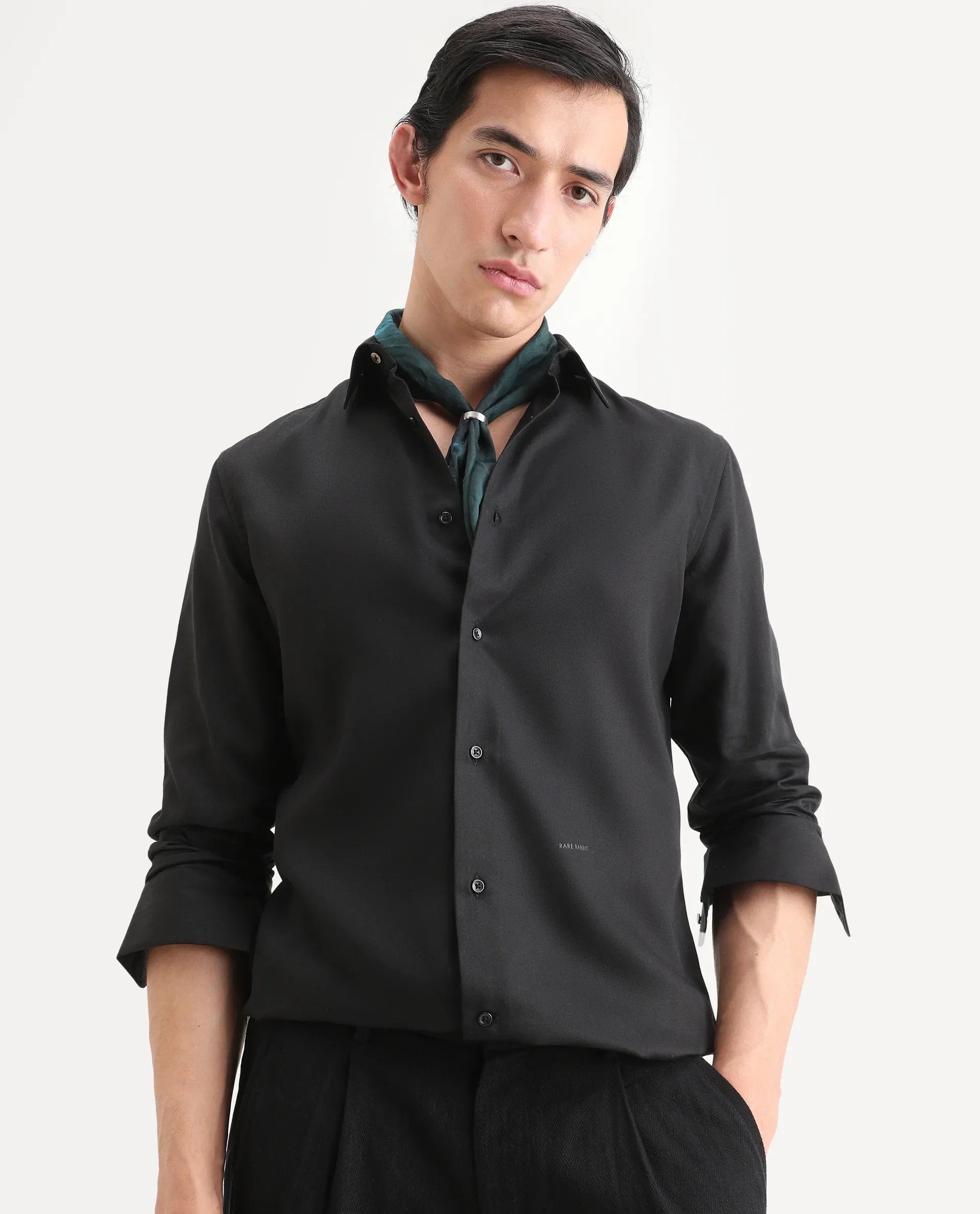 Rare Rabbit Men's Dream Black Tencel Fabric Full Sleeve Spread Collar Morris Regular Fit Plain Shirt | Rare Rabbit at Broadway