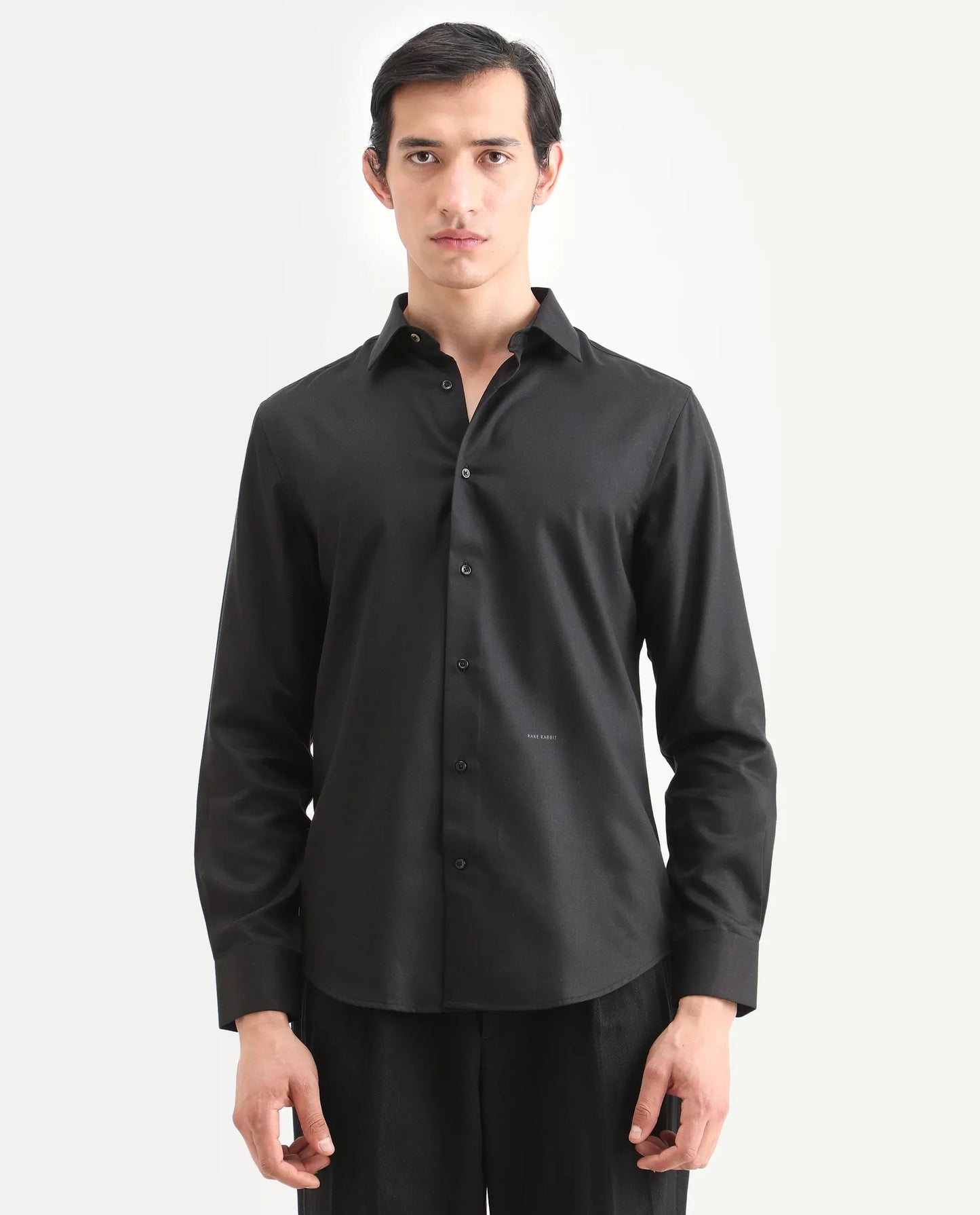 Rare Rabbit Men's Dream Black Tencel Fabric Full Sleeve Spread Collar Morris Regular Fit Plain Shirt | Rare Rabbit at Broadway