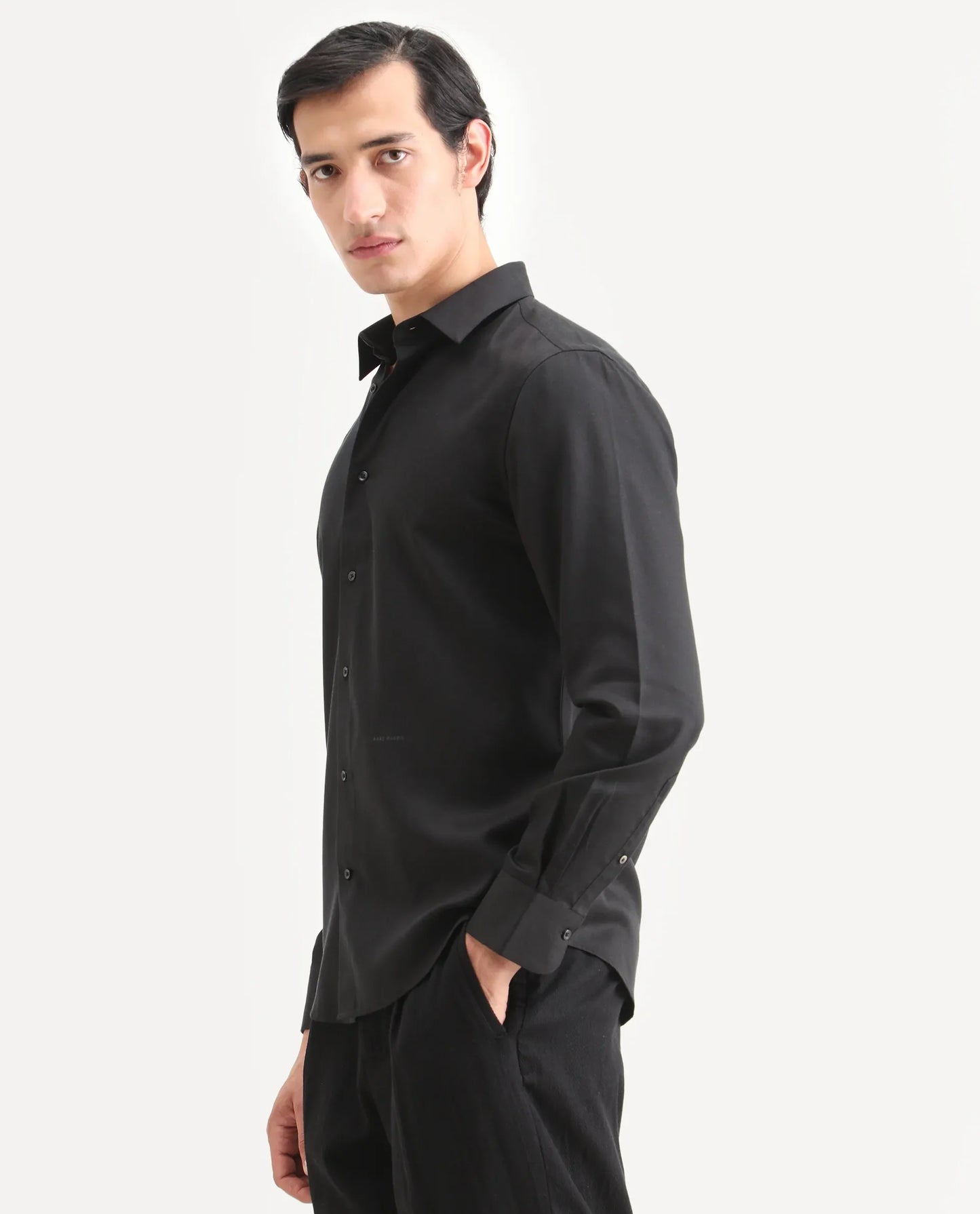 Rare Rabbit Men's Dream Black Tencel Fabric Full Sleeve Spread Collar Morris Regular Fit Plain Shirt | Rare Rabbit at Broadway