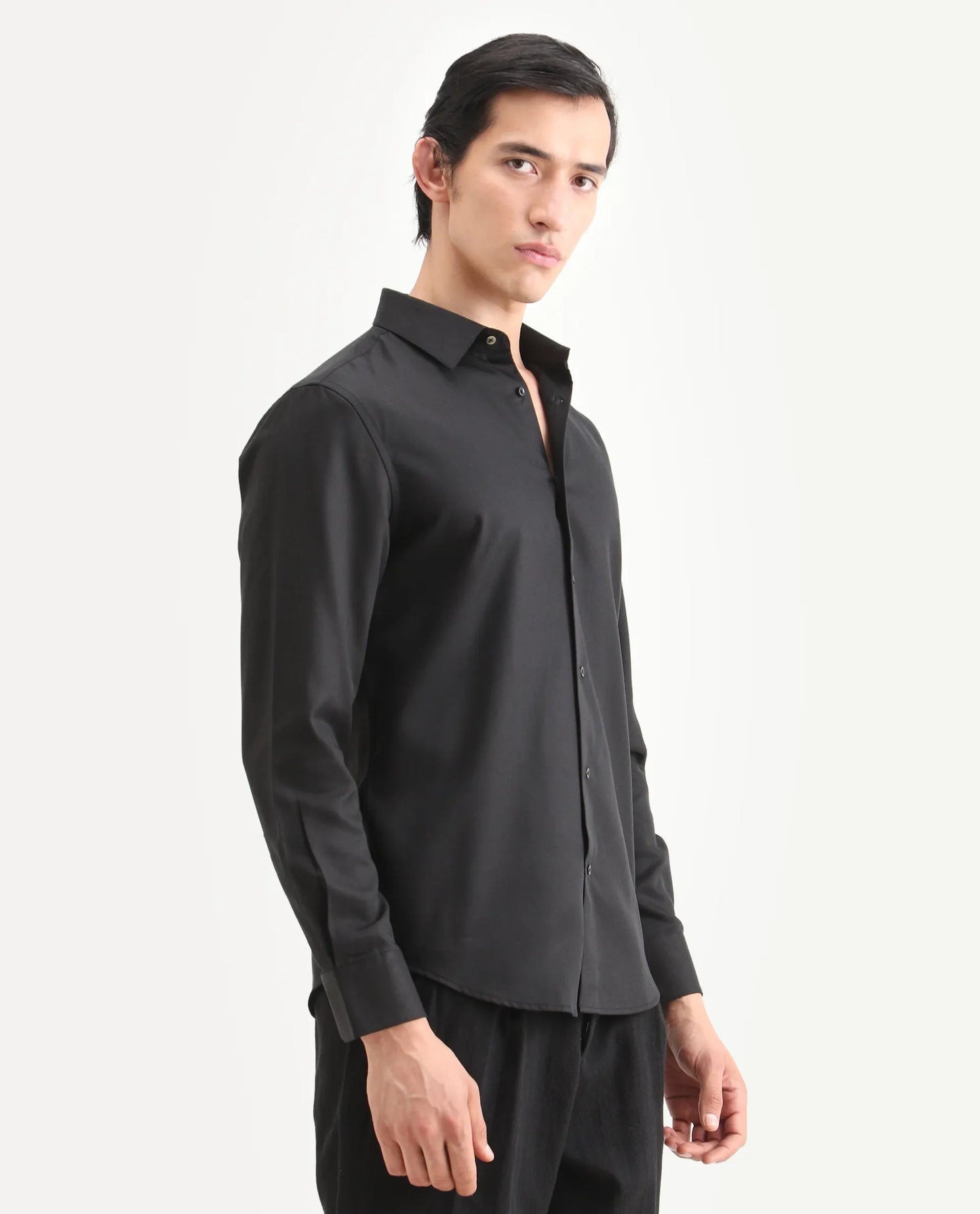 Rare Rabbit Men's Dream Black Tencel Fabric Full Sleeve Spread Collar Morris Regular Fit Plain Shirt | Rare Rabbit at Broadway