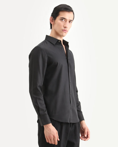 Rare Rabbit Men's Dream Black Tencel Fabric Full Sleeve Spread Collar Morris Regular Fit Plain Shirt | Rare Rabbit at Broadway