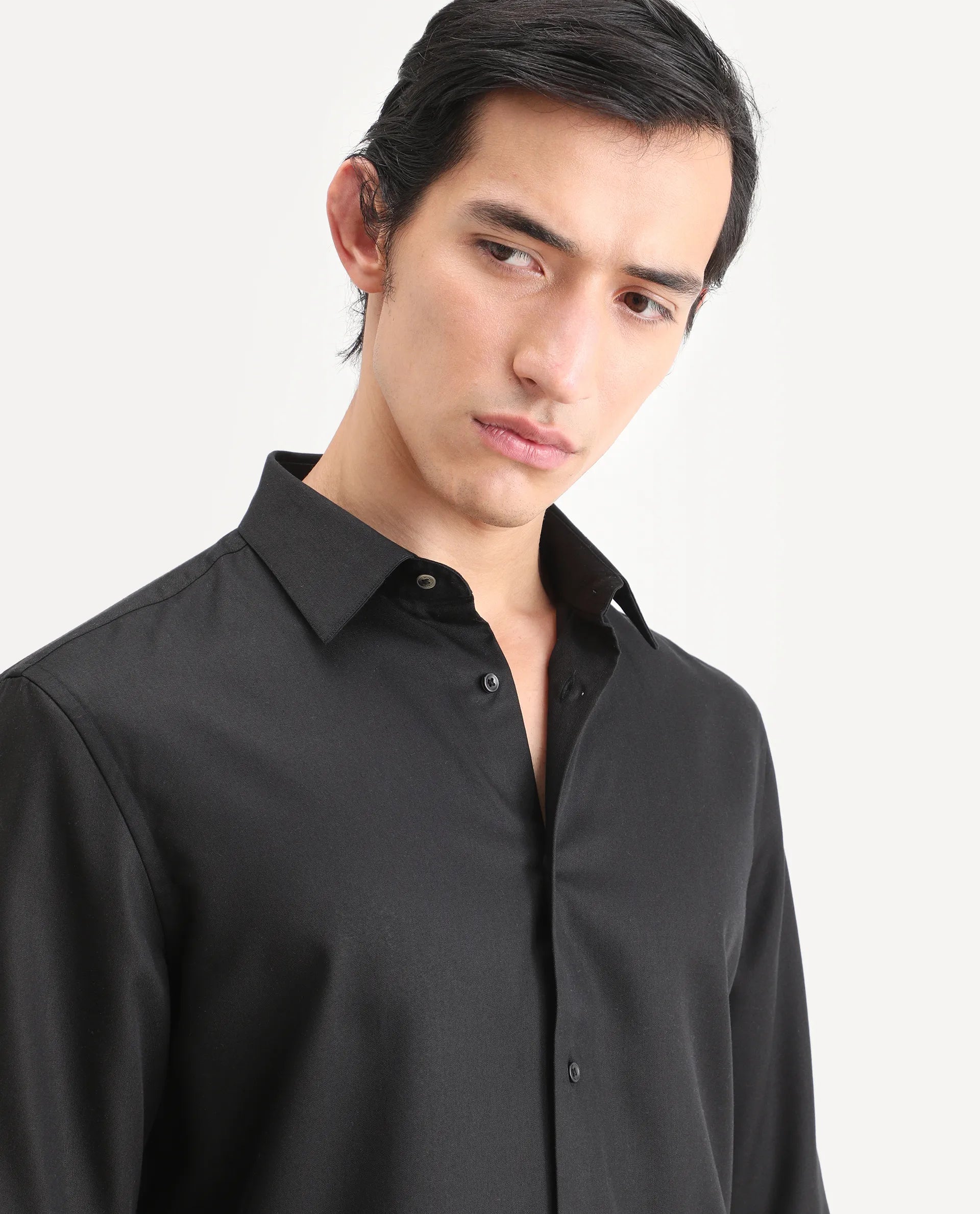 Rare Rabbit Men's Dream Black Tencel Fabric Full Sleeve Spread Collar Morris Regular Fit Plain Shirt | Rare Rabbit at Broadway