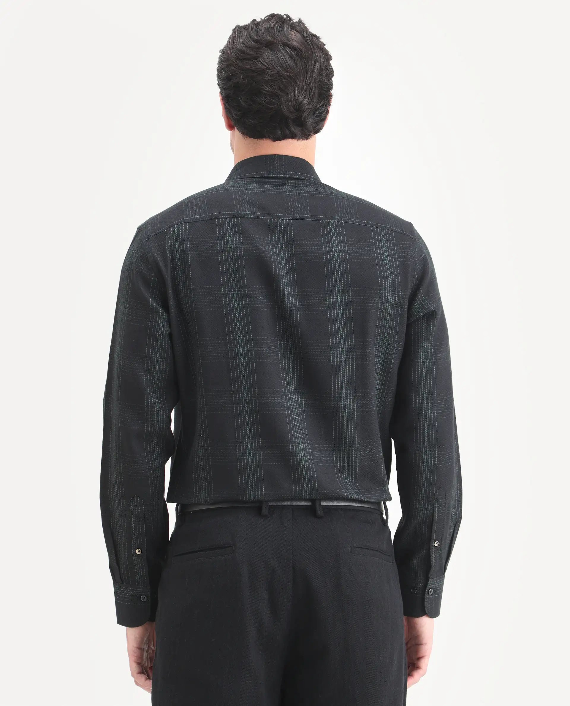 Rare Rabbit Men's Raul-S26 Black Cotton Full Sleeve Spread Collar Regular Fit Checked Shirt | Rare Rabbit at Broadway