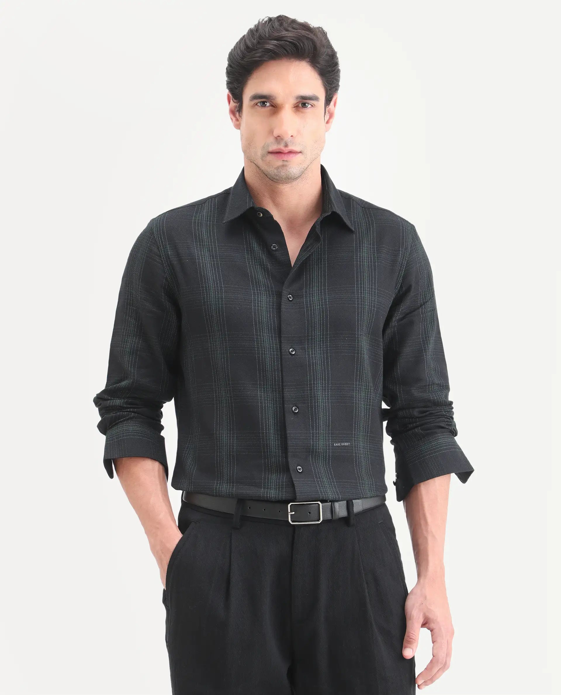 Rare Rabbit Men's Raul-S26 Black Cotton Full Sleeve Spread Collar Regular Fit Checked Shirt | Rare Rabbit at Broadway