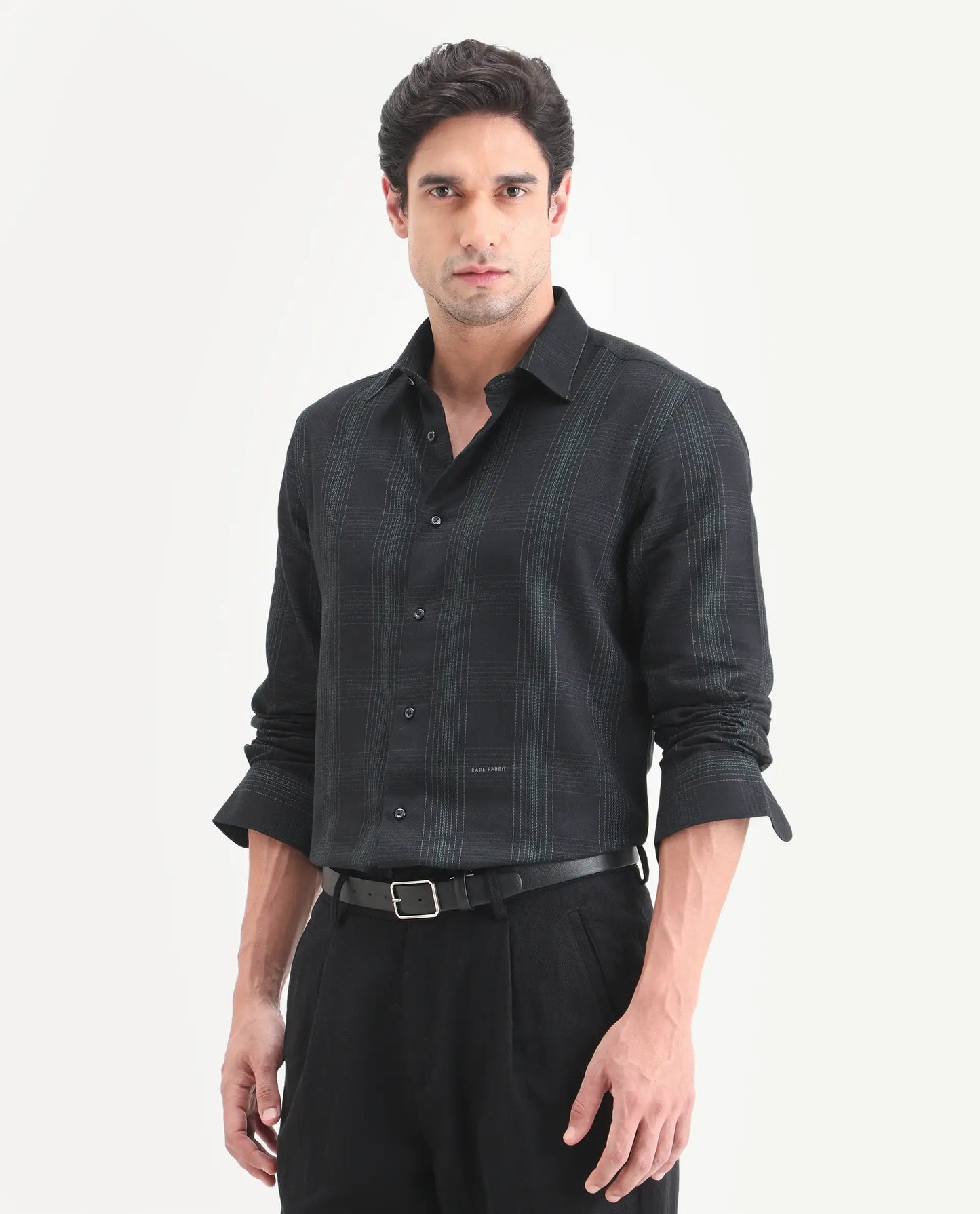Rare Rabbit Men's Raul-S26 Black Cotton Full Sleeve Spread Collar Regular Fit Checked Shirt | Rare Rabbit at Broadway
