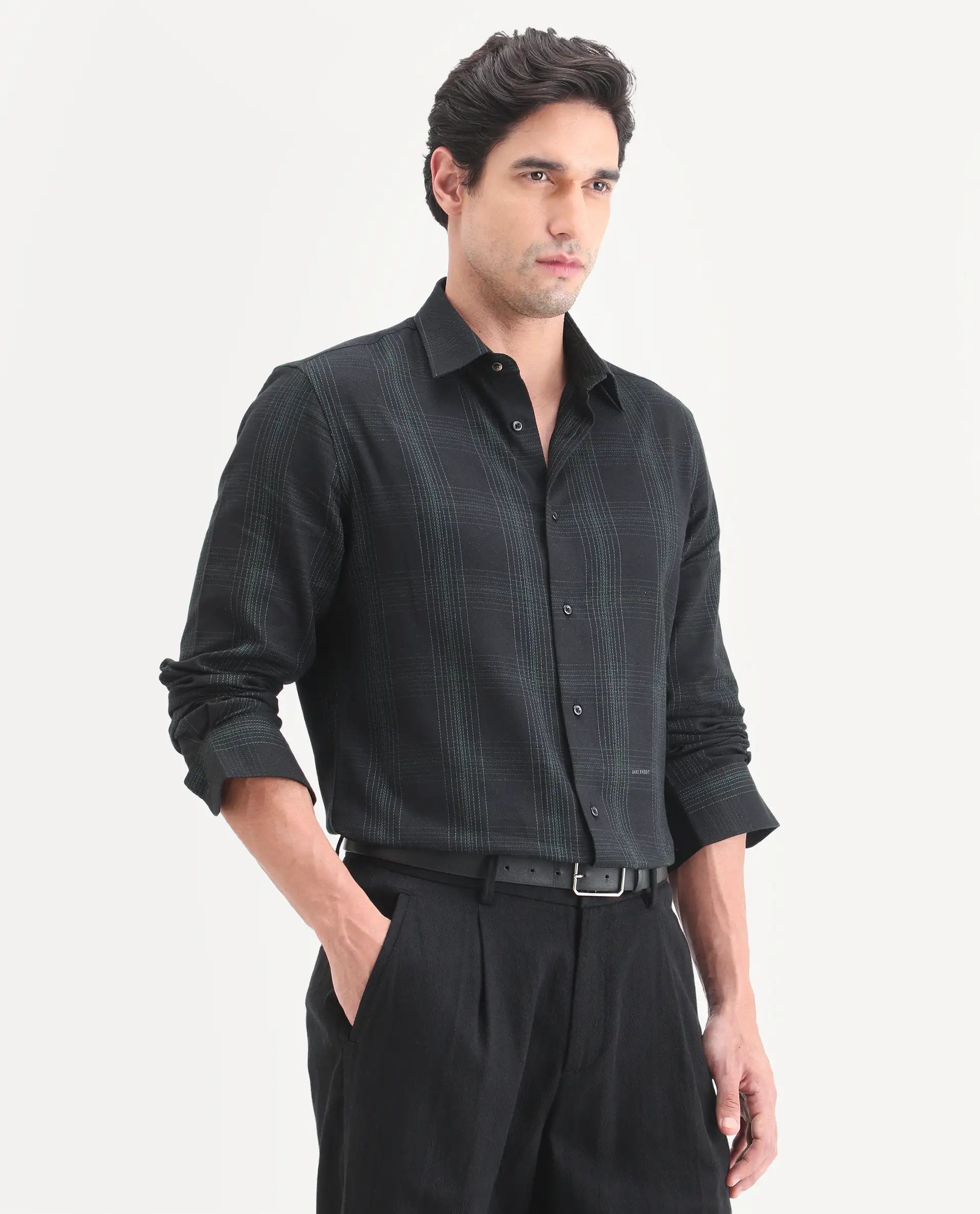 Rare Rabbit Men's Raul-S26 Black Cotton Full Sleeve Spread Collar Regular Fit Checked Shirt | Rare Rabbit at Broadway