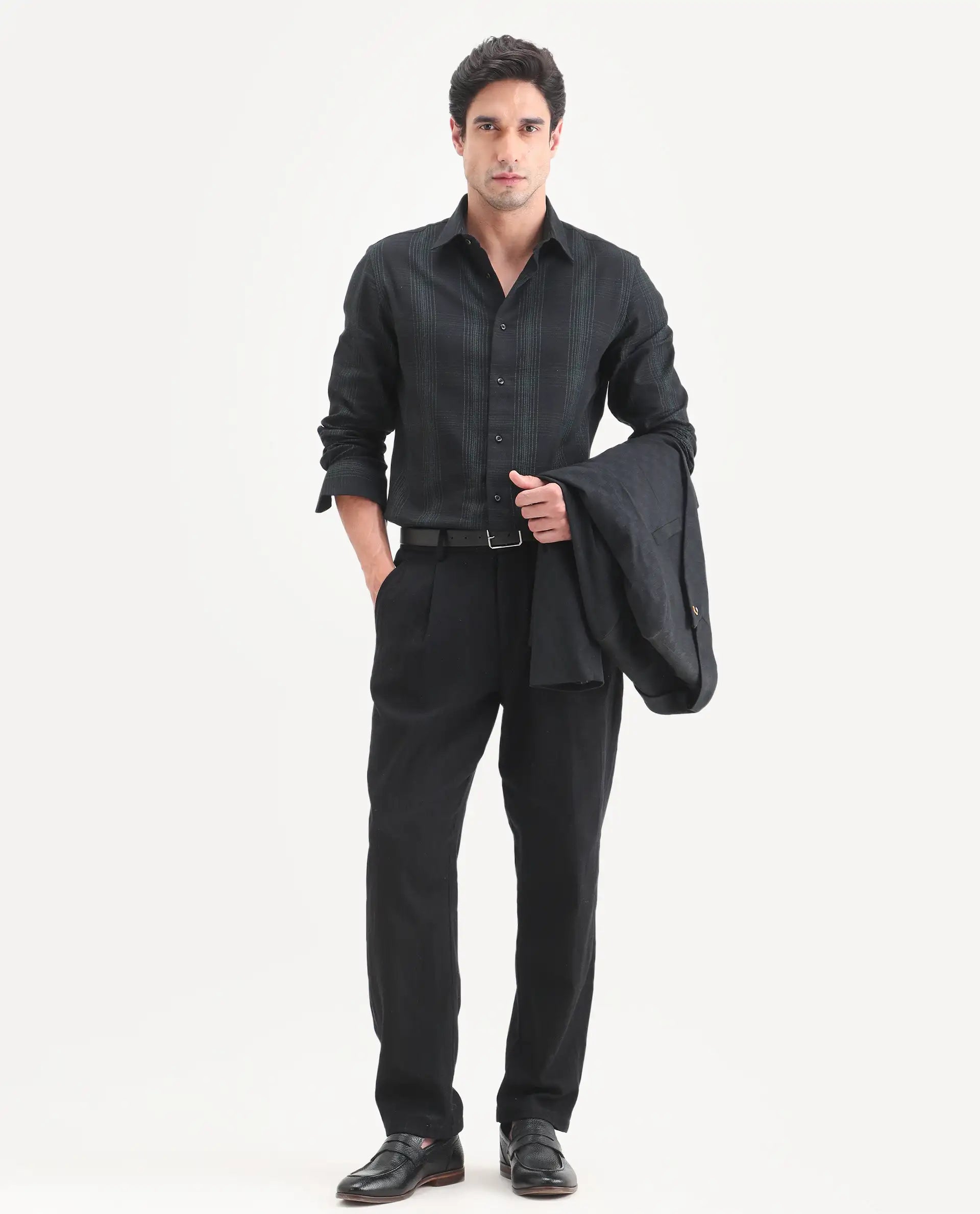 Rare Rabbit Men's Raul-S26 Black Cotton Full Sleeve Spread Collar Regular Fit Checked Shirt | Rare Rabbit at Broadway