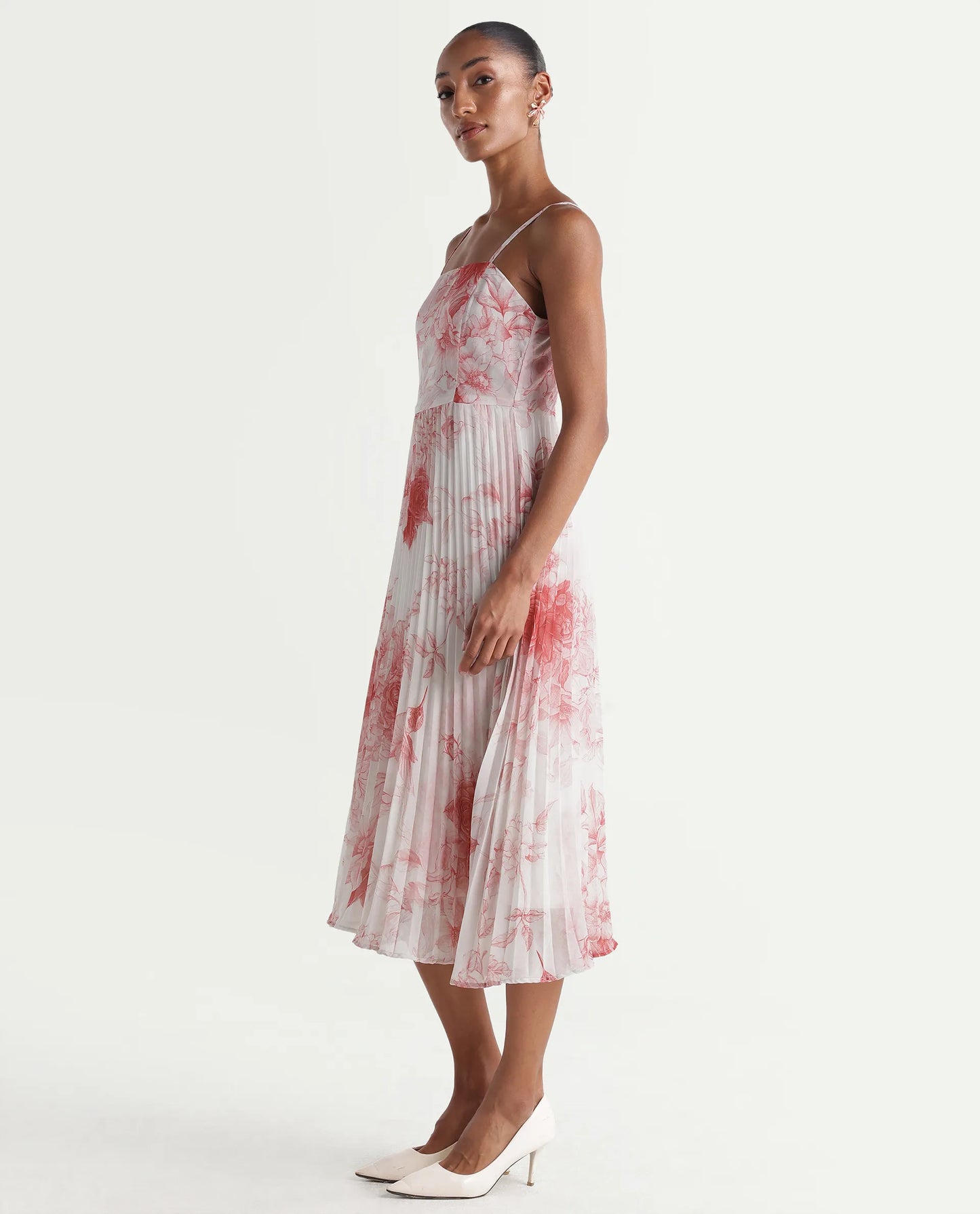 Rareism Women's Henvo Off White Polyester Tube Neck Fit And Flare Floral Print Dress