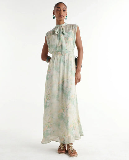 Rareism Women's Hian Light Green Viscose Blend High Neck Fit And Flare All Over Print Dress