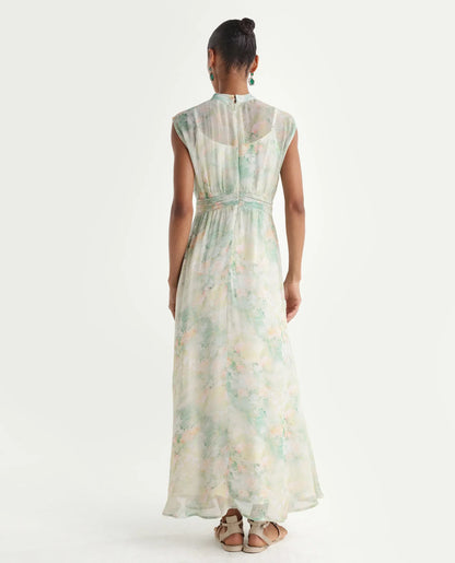 Rareism Women's Hian Light Green Viscose Blend High Neck Fit And Flare All Over Print Dress