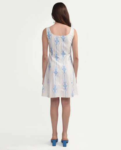 Rareism Women's Kenro Off White Cotton Square Neck Fit And Flare Printed Dress