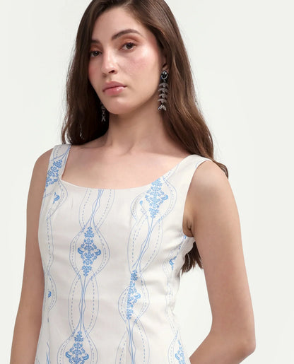 Rareism Women's Kenro Off White Cotton Square Neck Fit And Flare Printed Dress