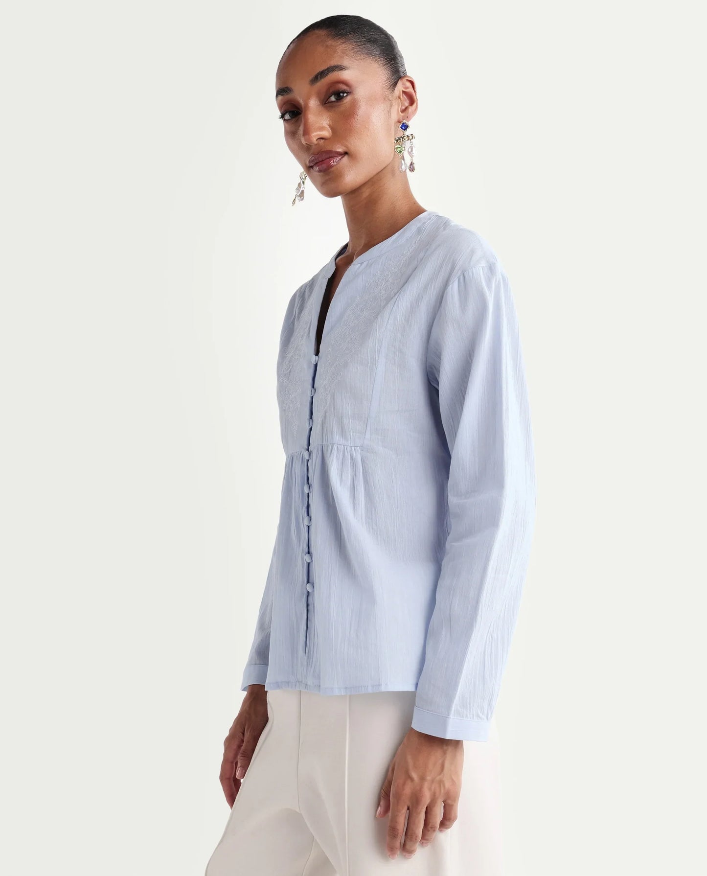Rareism Women's Kenz Light Blue Cotton V-Neck Regular Abstract Print Top