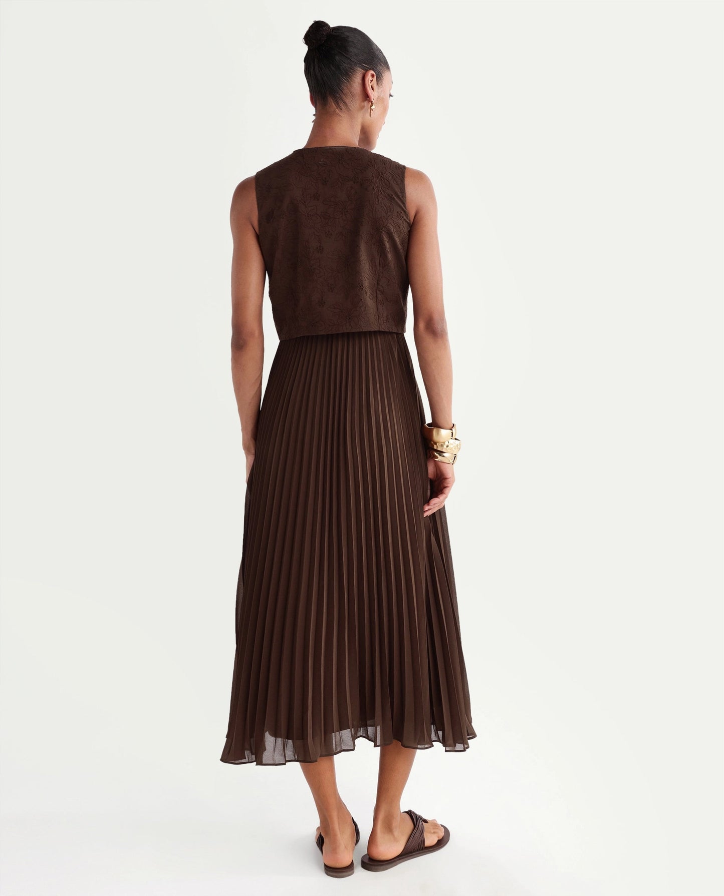 Rareism Women's Rudro Brown Self Design Cotton Blend Flared Sleeveless Dress