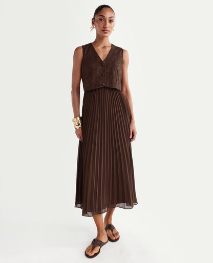 Rareism Women's Rudro Brown Self Design Cotton Blend Flared Sleeveless Dress