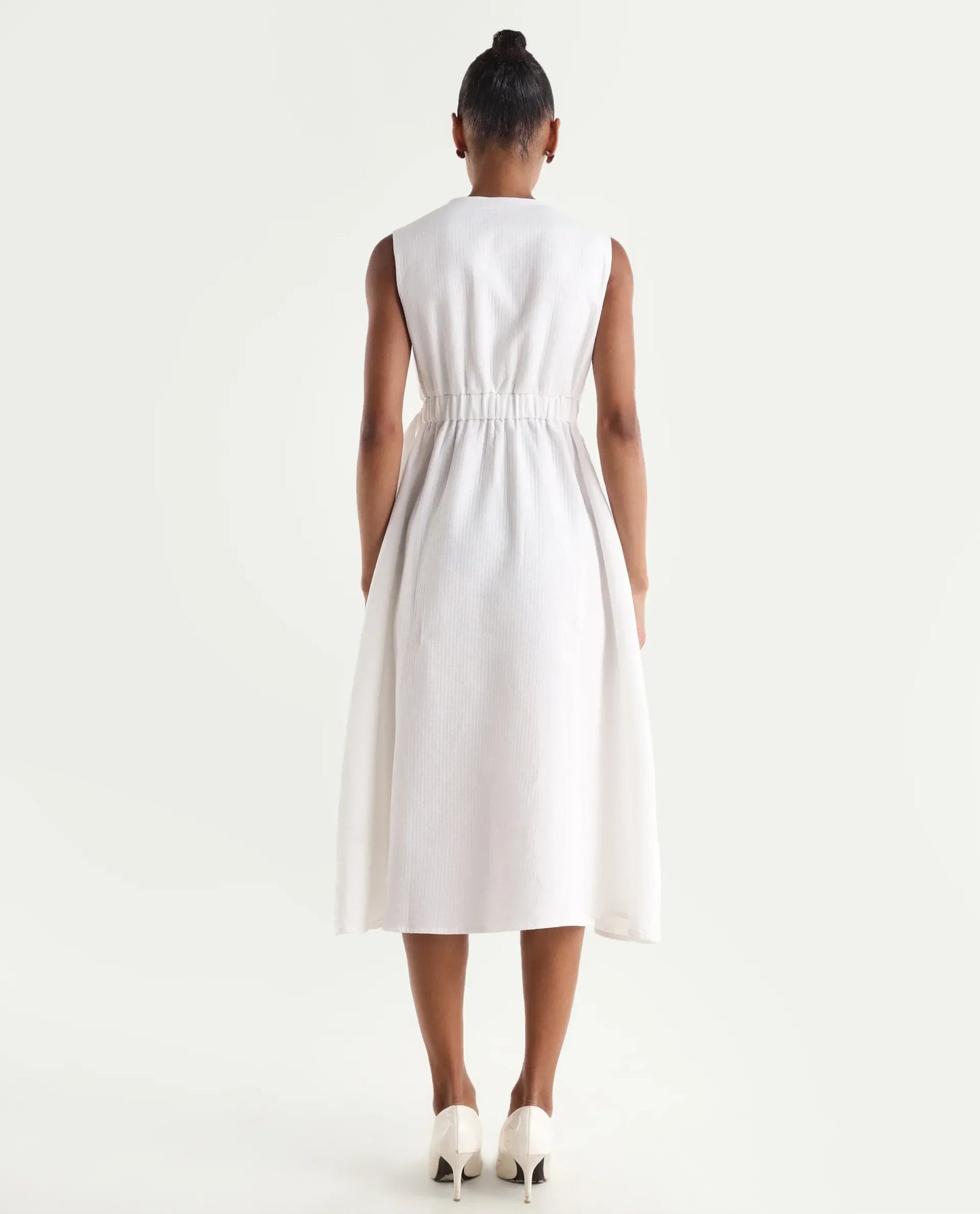 Rareism Women's Rulet Primary Beige Cotton Sleeveless V-Neck A-Line Plain Dress