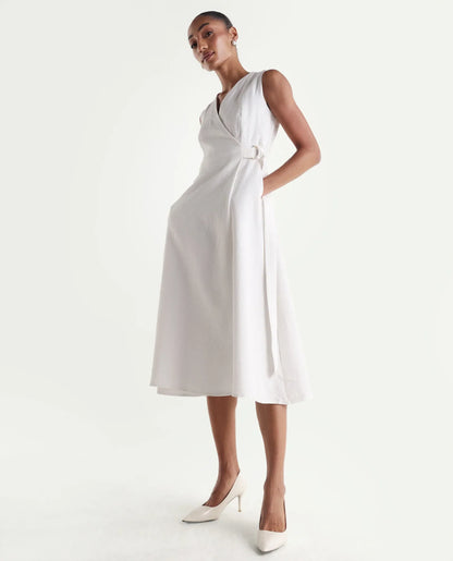 Rareism Women's Rulet Primary Beige Cotton Sleeveless V-Neck A-Line Plain Dress