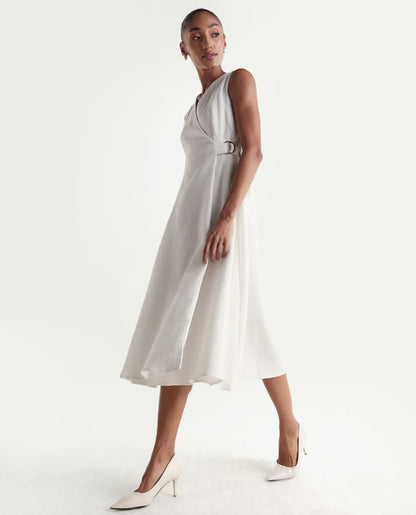 Rareism Women's Rulet Primary Beige Cotton Sleeveless V-Neck A-Line Plain Dress
