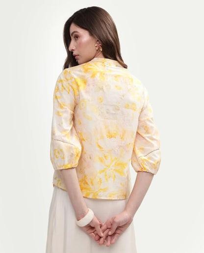 Rareism Women's Runes Yellow Cotton Band Collar Regular Floral Print Top