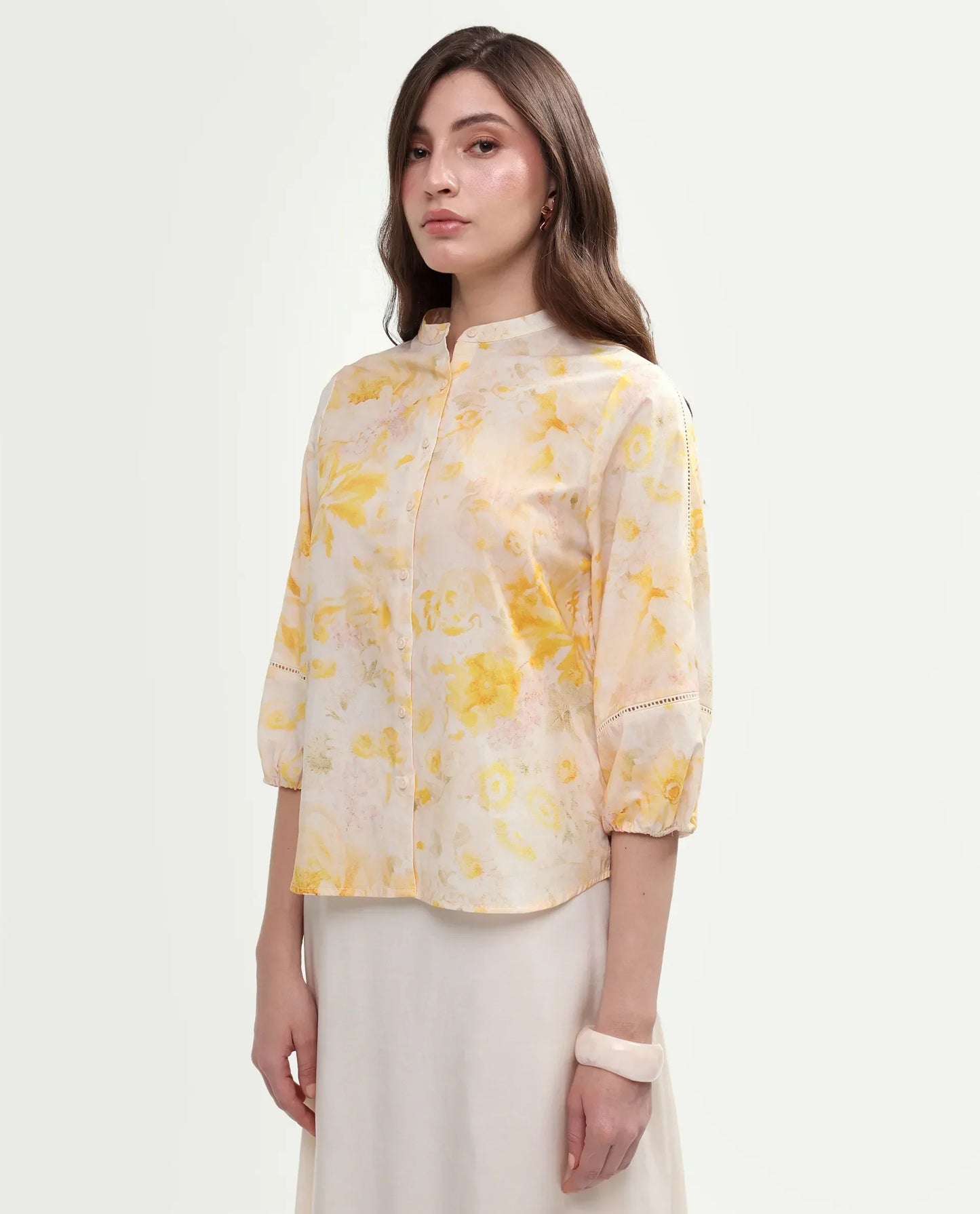 Rareism Women's Runes Yellow Cotton Band Collar Regular Floral Print Top