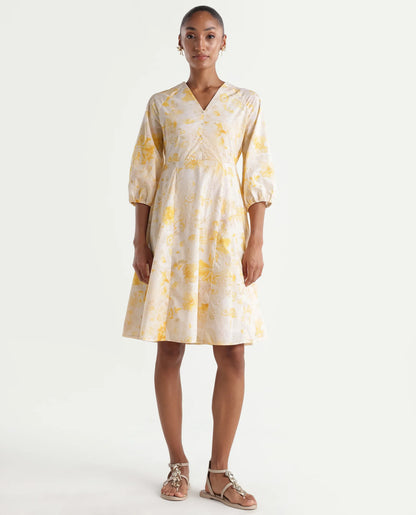 Rareism Women's Runet Yellow Cotton Fabric V-Neck Fit And Flare Floral Print Dress