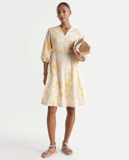 Rareism Women's Runet Yellow Cotton Fabric V-Neck Fit And Flare Floral Print Dress