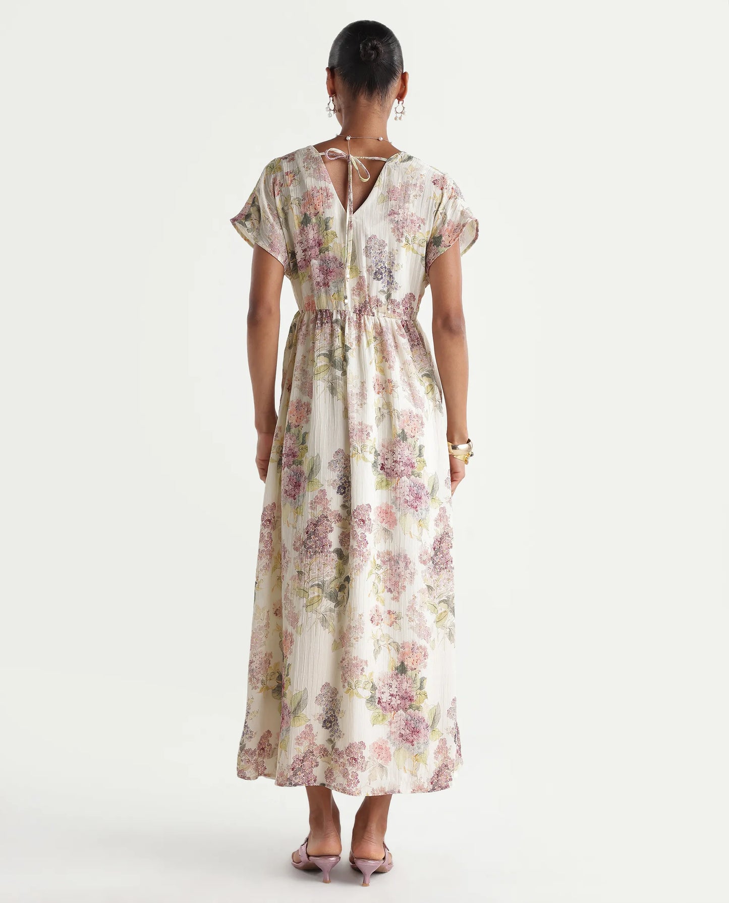 Rareism Women's Runim Light Beige Polyester V-Neck Fit And Flare Floral Print Dress