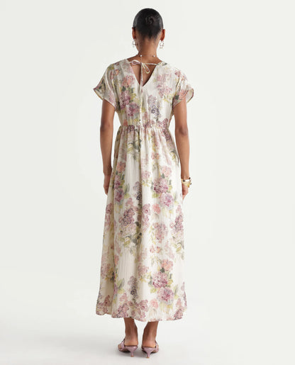 Rareism Women's Runim Light Beige Polyester V-Neck Fit And Flare Floral Print Dress
