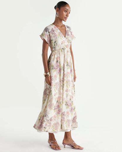 Rareism Women's Runim Light Beige Polyester V-Neck Fit And Flare Floral Print Dress