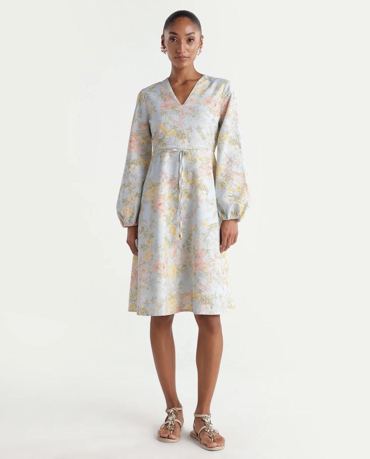 Rareism Women's Ruzim Pastel Blue Viscose Blend Fabric V-Neck Fit And Flare Floral Print Dress