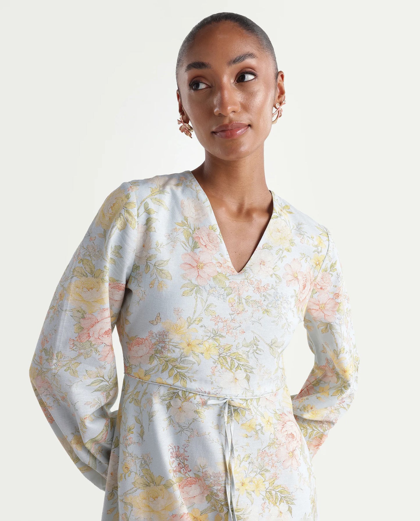 Rareism Women's Ruzim Pastel Blue Viscose Blend Fabric V-Neck Fit And Flare Floral Print Dress