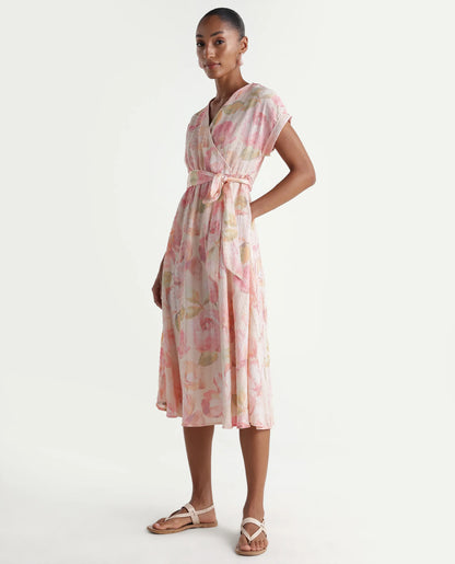 Rareism Women's Valno Light Multi Polyester Fabric Over Lap Flared Floral Print Dress