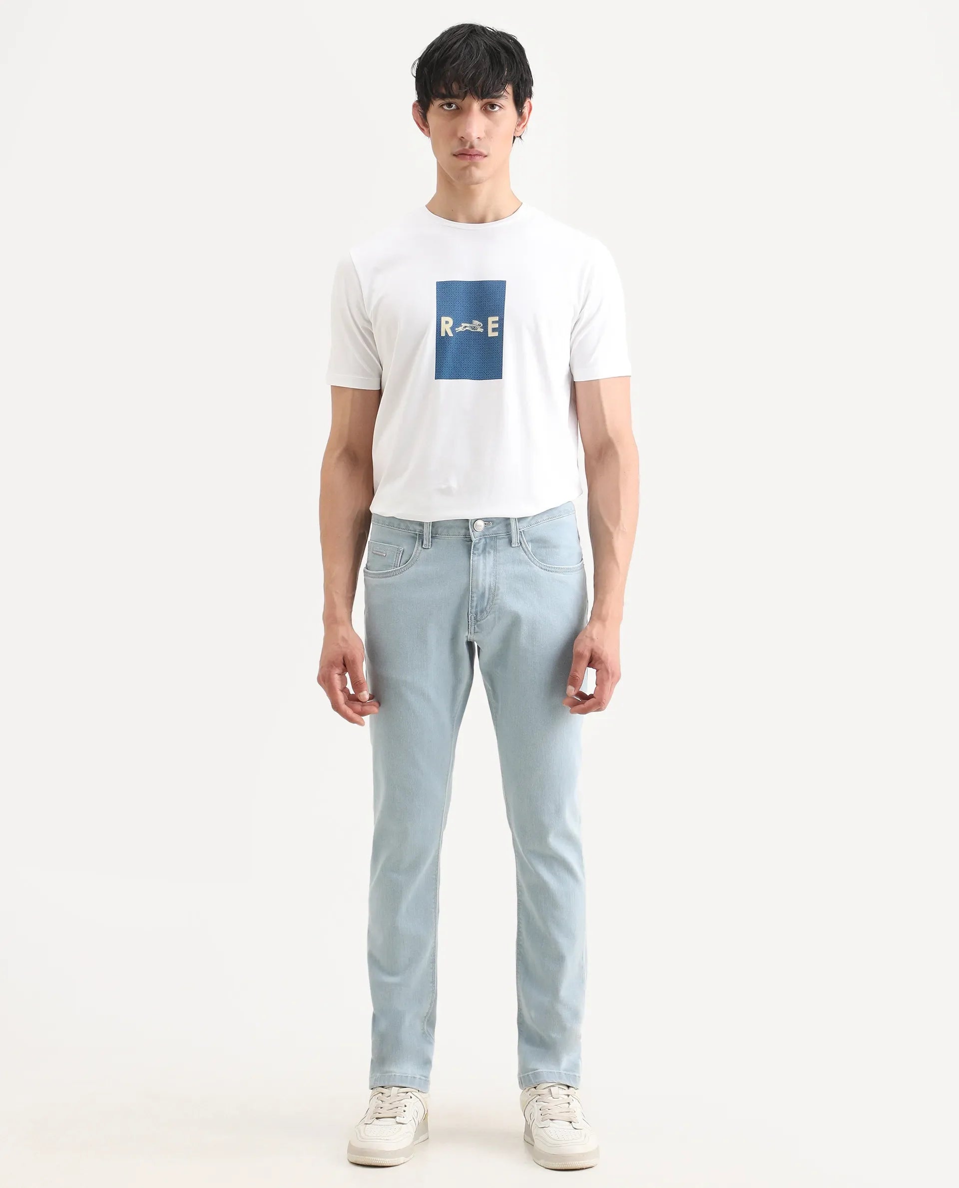 Rare Rabbit Men's Ankl Light Blue Cotton Blend Fabric Hawk Slim Plain Jeans | Rare Rabbit at Broadway