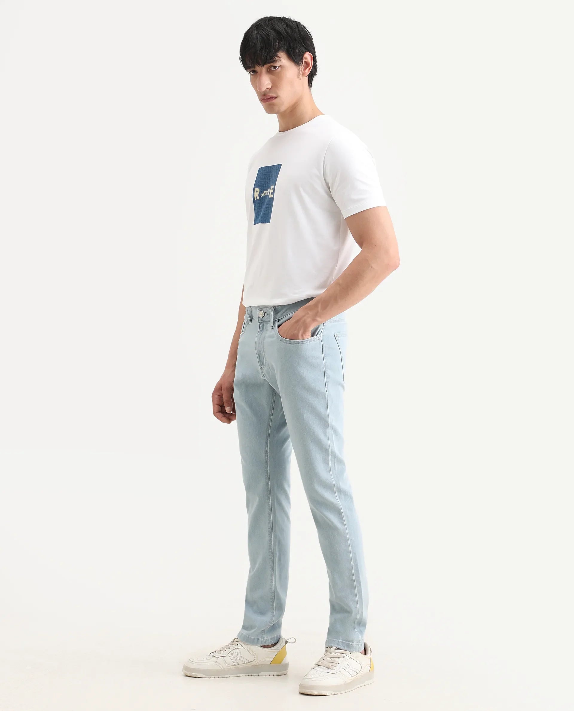 Rare Rabbit Men's Ankl Light Blue Cotton Blend Fabric Hawk Slim Plain Jeans | Rare Rabbit at Broadway