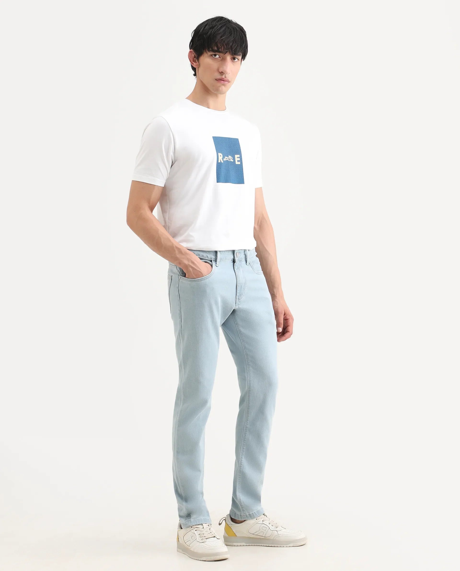 Rare Rabbit Men's Ankl Light Blue Cotton Blend Fabric Hawk Slim Plain Jeans | Rare Rabbit at Broadway