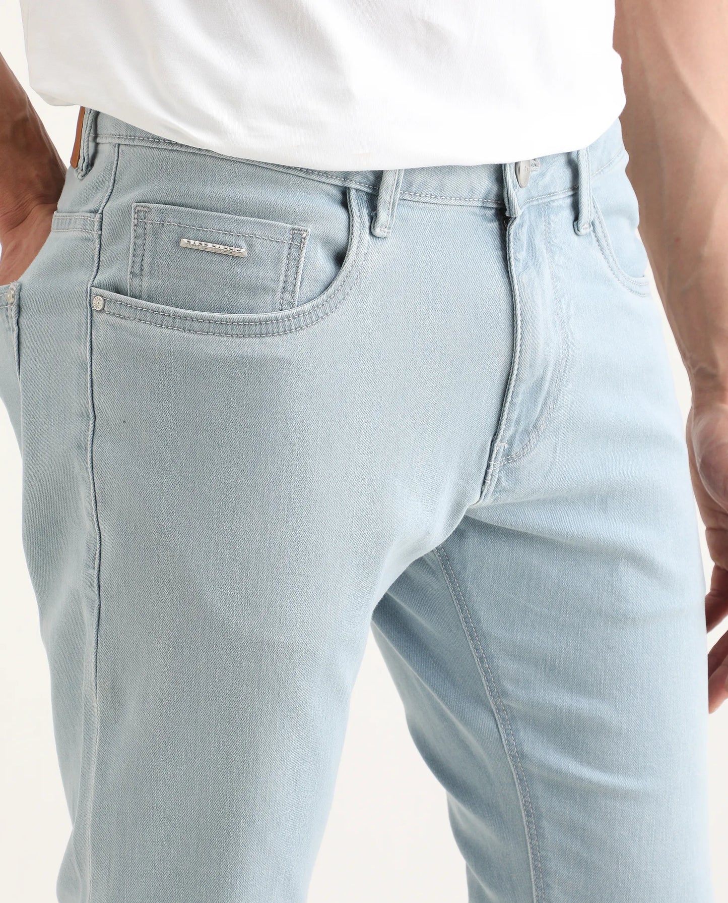 Rare Rabbit Men's Ankl Light Blue Cotton Blend Fabric Hawk Slim Plain Jeans | Rare Rabbit at Broadway