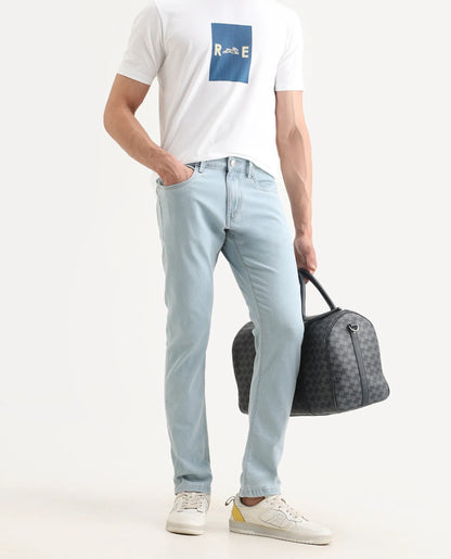 Rare Rabbit Men's Ankl Light Blue Cotton Blend Fabric Hawk Slim Plain Jeans | Rare Rabbit at Broadway
