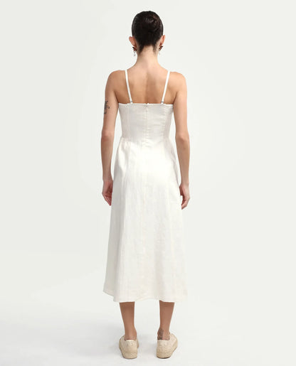 Rareism Women's Treler Light Off-White Linen Tube Neck Fit And Flare Plain Dress