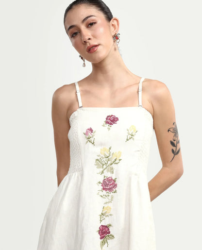 Rareism Women's Treler Light Off-White Linen Tube Neck Fit And Flare Plain Dress