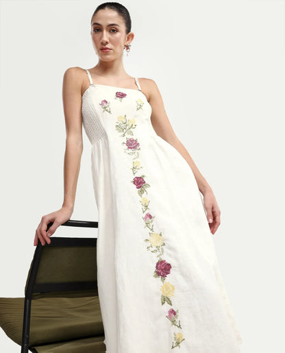 Rareism Women's Treler Light Off-White Linen Tube Neck Fit And Flare Plain Dress