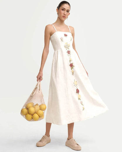 Rareism Women's Treler Light Off-White Linen Tube Neck Fit And Flare Plain Dress