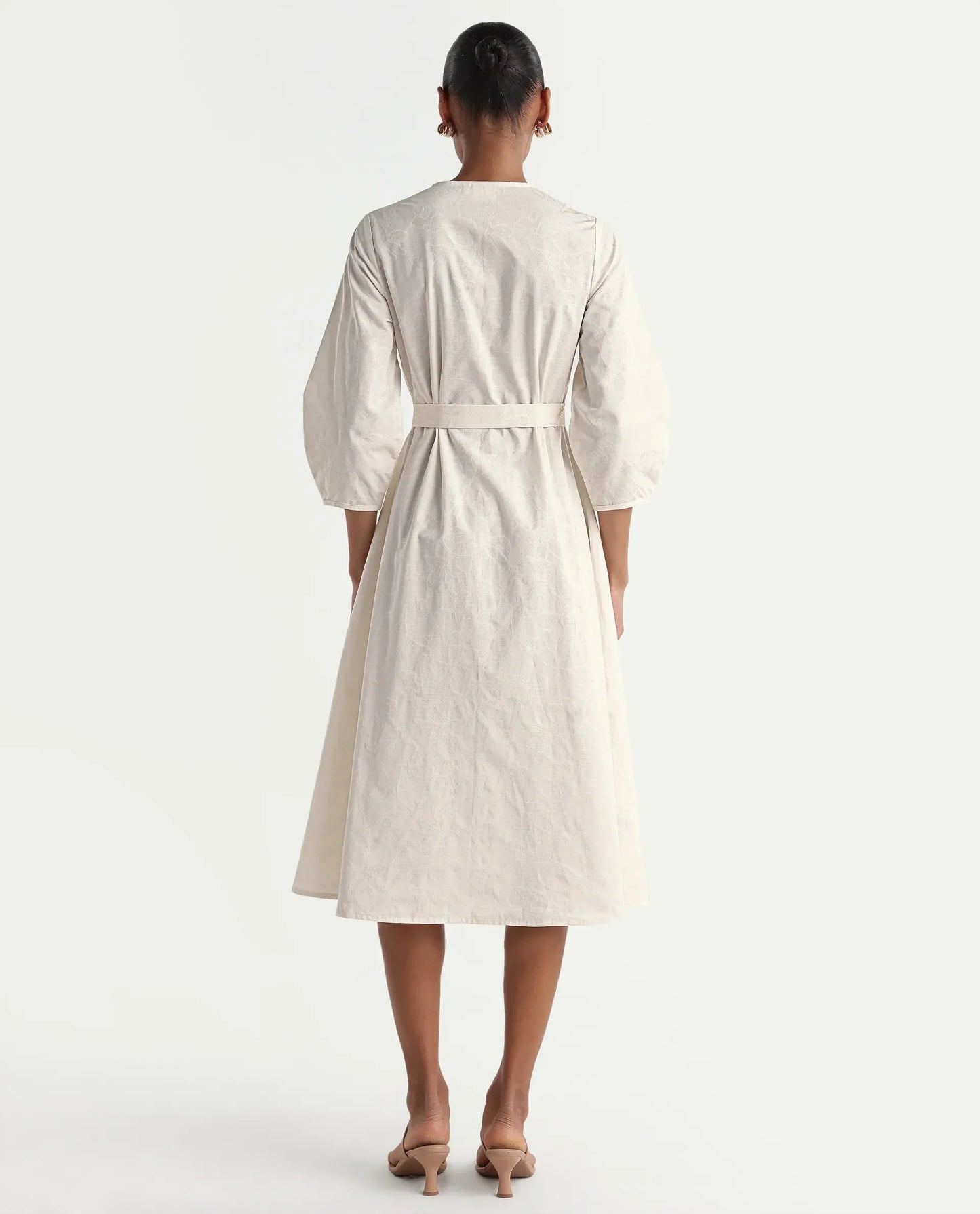 Rareism Women's Rumang Off White Cotton V-Neck Button A-Line Jacquard Print Dress
