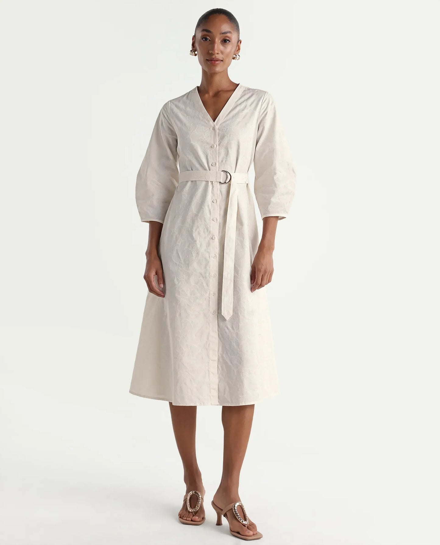 Rareism Women's Rumang Off White Cotton V-Neck Button A-Line Jacquard Print Dress