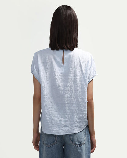 Rareism Women's Deno Light Blue Viscose Blend Crew Neck Button Regular Plain Top