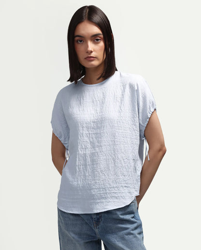 Rareism Women's Deno Light Blue Viscose Blend Crew Neck Button Regular Plain Top