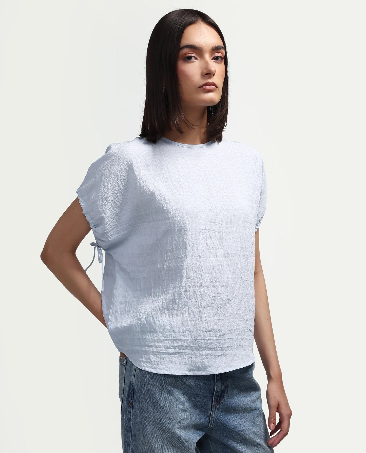 Rareism Women's Deno Light Blue Viscose Blend Crew Neck Button Regular Plain Top