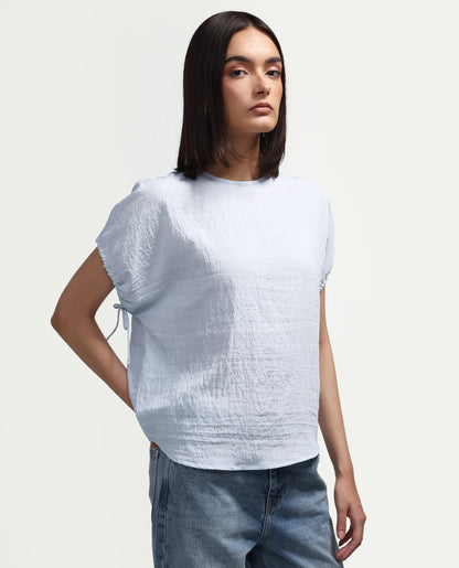 Rareism Women's Deno Light Blue Viscose Blend Crew Neck Button Regular Plain Top