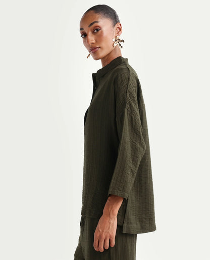 Rareism Women's Dano-T Olive Viscose Blend Jonny Collar Pull-On Oversized Plain Top