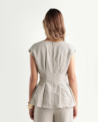 Rareism Women's Rubino Dusky Beige 100% Linen V-Neck Pull-On Regular Plain Top